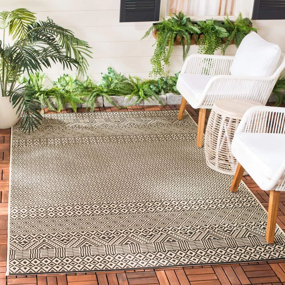 Courtyard Beige/Black 9 ft. x 12 ft. Geometric Indoor/Outdoor Area Rug by SAFAVIEH 2 Courtyard Beige/Black 9 ft. x 12 ft. Geometric Indoor/Outdoor Area Rug by SAFAVIEH - Image 2