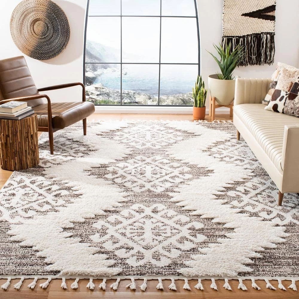 Moroccan Tassel Shag Ivory/Brown 8 ft. x 10 ft. Geometric Area Rug by SAFAVIEH 2 Moroccan Tassel Shag Ivory/Brown 8 ft. x 10 ft. Geometric Area Rug by SAFAVIEH - Image 2